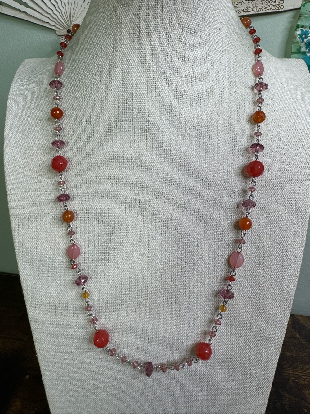 Glass Beaded Necklace - Pink, Orange, Red in Silver Tone